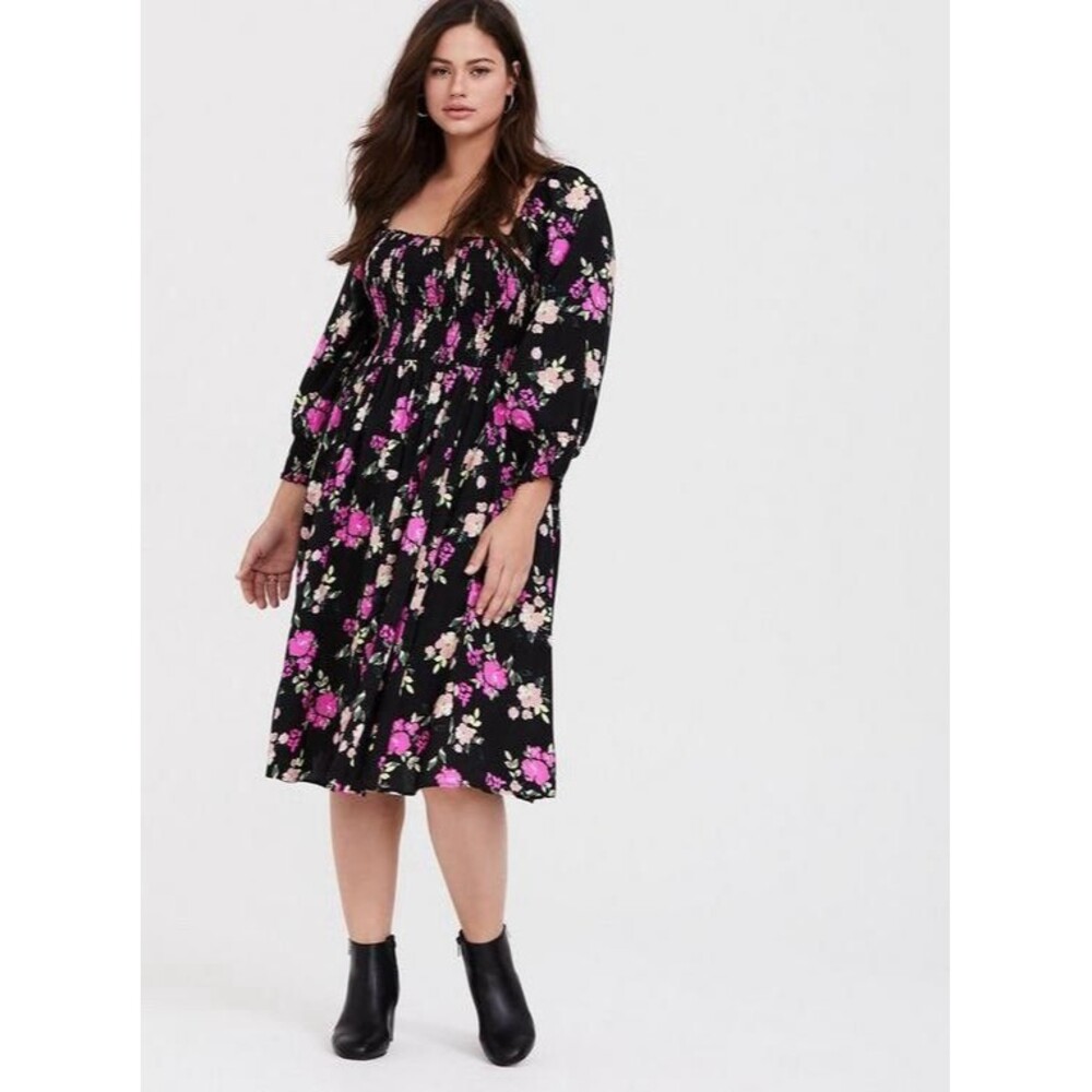 Torrid Black Floral Challis Smocked Long Sleeve Dress Plus Size 2 2X